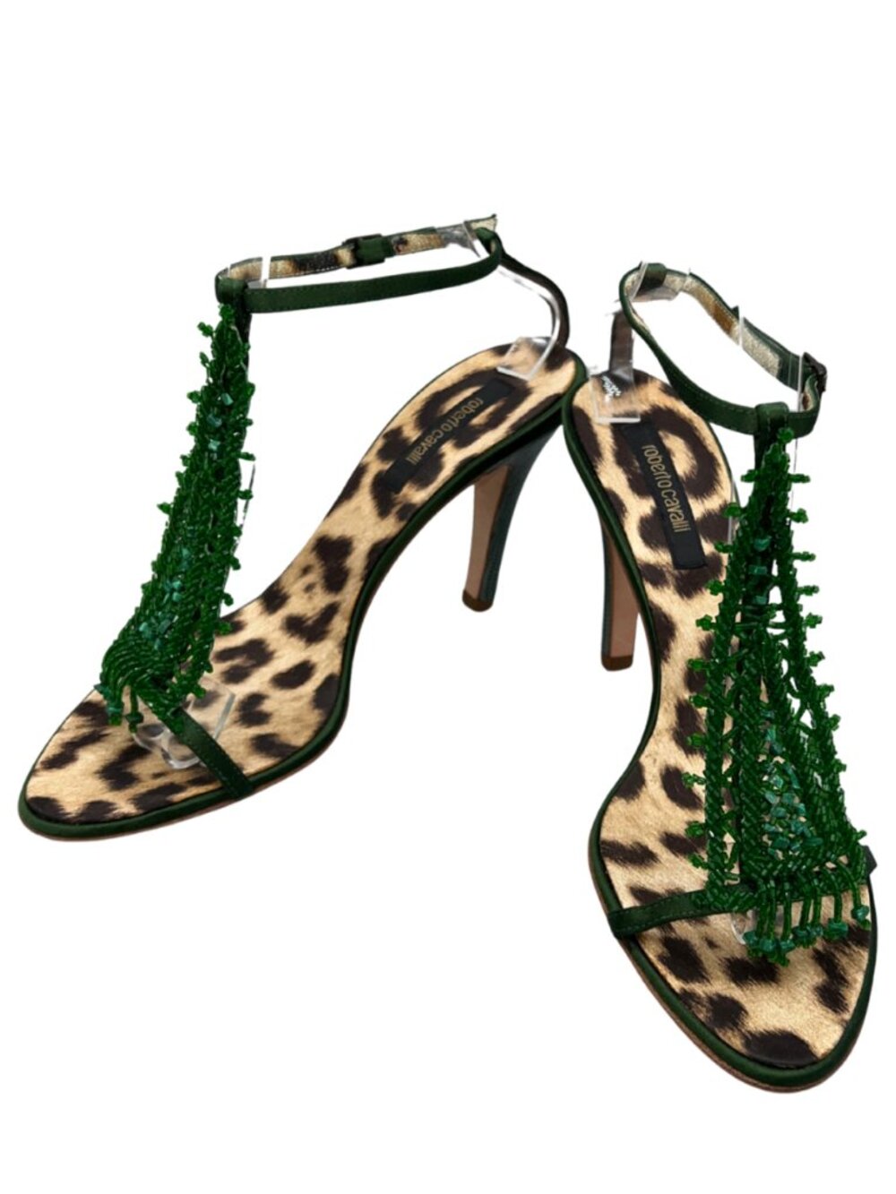 Roberto Cavalli Y2K Green Beaded Leopard Print Heels Runway Sandals Sz 8.5 39 - Picture 3 of 6